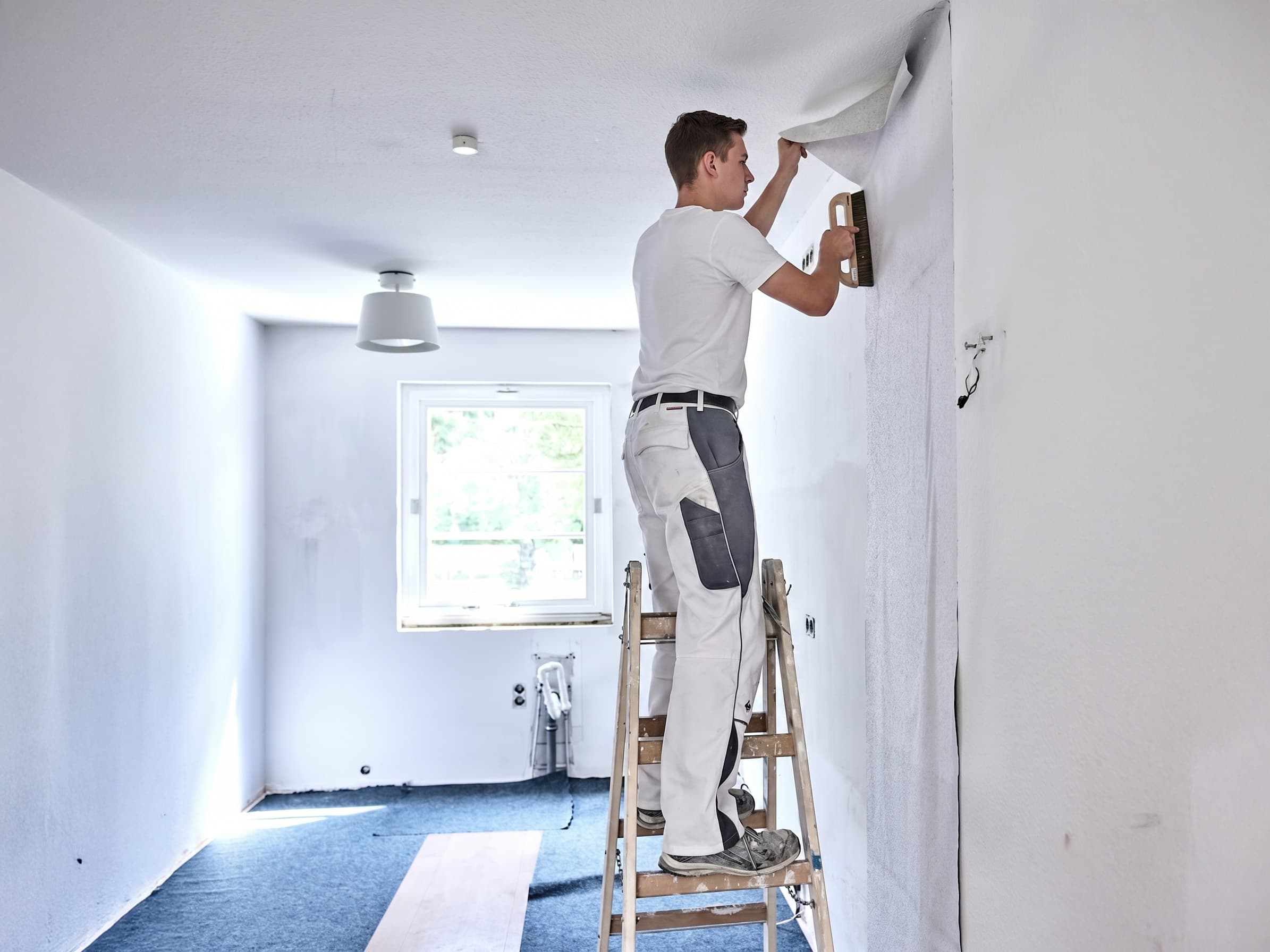 Maler auf der Leiter bringt Kleister für eine Vliestapete an die Wand auf